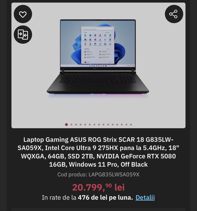 Asus Rog Strix SCAR 18 RTX 5080 / Ultra i9 Factura si Garantie 2 Ani