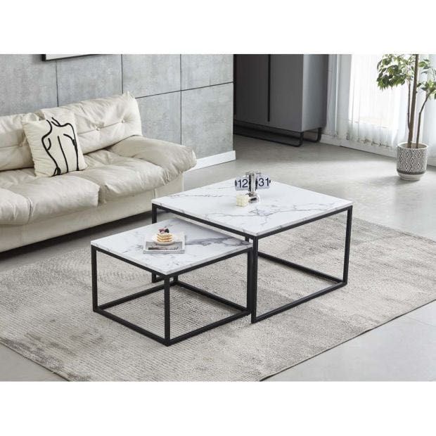 Сет 2 холни маси от бял мрамор валета 80/80/50 см и 60/60/40 см