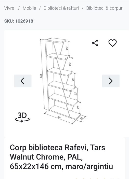 Corp biblioteca Rafevi, Tars Walnut Chrome, PAL, 65x22x146 cm, maro/ar