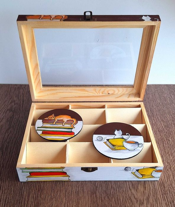 Ръчно рисувана дървена кутия за чай с очарователен мотив на котка