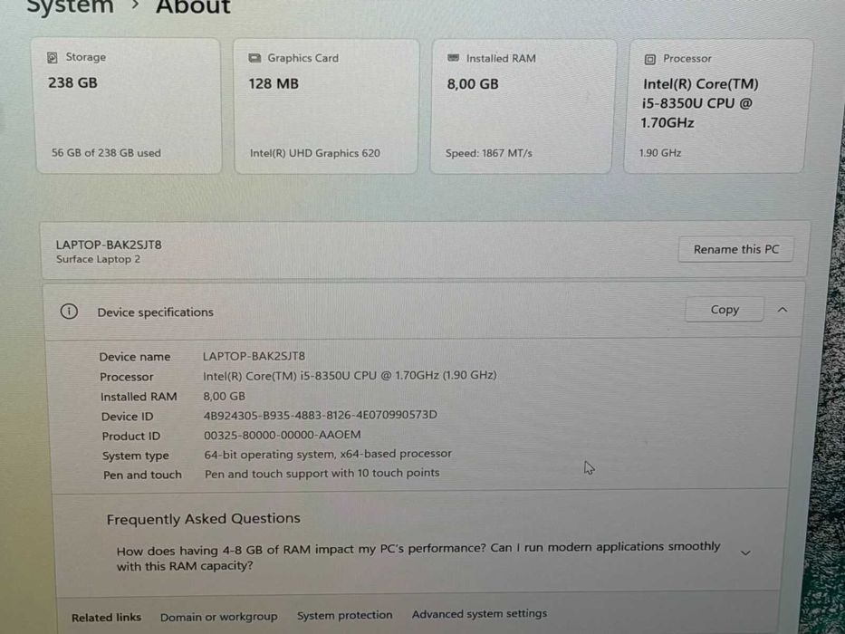 Microsoft Surface Laptop 2 i5-8350U/8RAM/256SSD/Intel UHD/QHD Touch