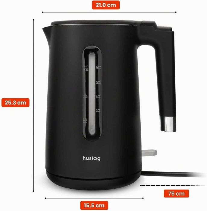 Електрическа кана 1.5L, 2200W, двойна стена Cool-Touch 304 неръждаема стомана без BPA с индикатор за нивото на водата, 360° основа, защита от сухота