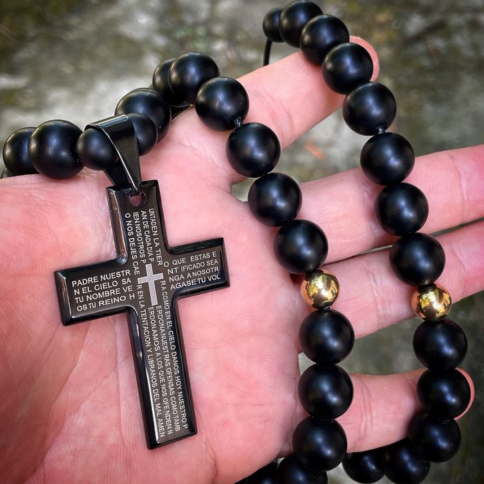 Масивен Мъжки Гердан/Броеница от Оникс 14мм. и Стоманен Кръст