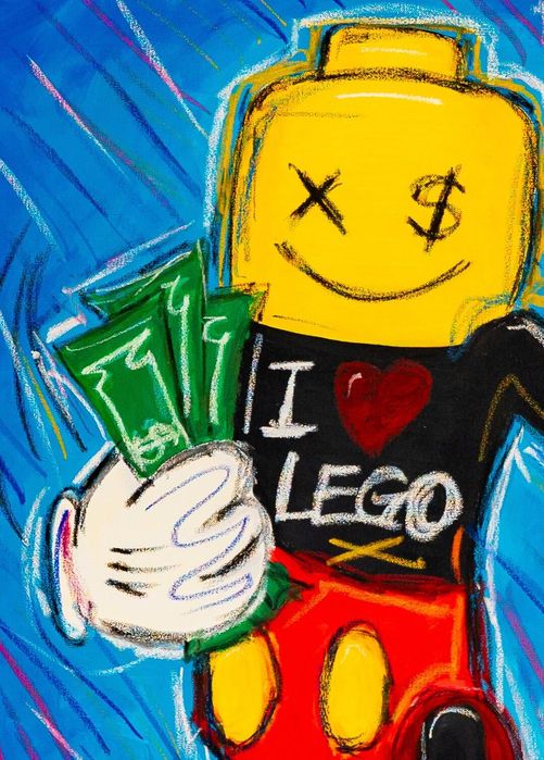 Tablou original inspirat de Mickey Mouse si LEGO, pictat manual cu acrilice pe canvas 47x65 cm