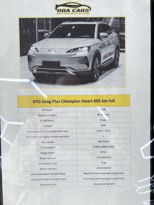 Byd song plus 605 km 1 yil garantiya
