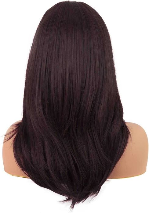 Синтетична тъмно кафява перука - 55 см с бретон и зиг-заг път