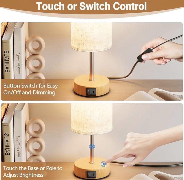 Lampă de noptieră cu funcție de încărcare prin porturi USB-A și USB-C