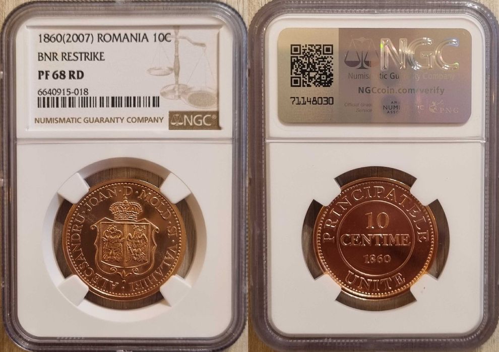 Moneda 10 centime Al. i. Cuza, replica BNR gradata NGC PF 68