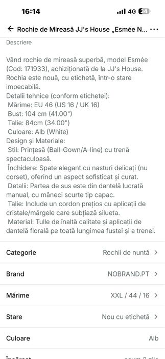 Vand rochie de mireasa noua
