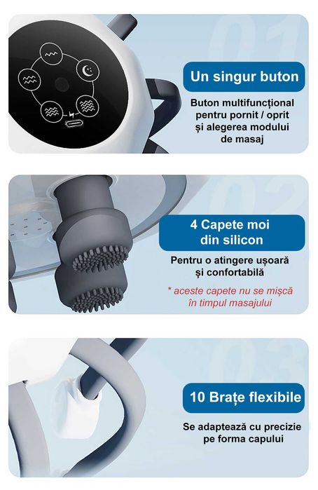 Aparat electric pentru masaj capilar, cu 5 moduri de masaj, pentru detensionare, relaxare și stimularea scalpului