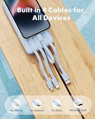 Нова Външна Батерия 20000mAh бързо зареждане 6 изхода, 4 кабела, USB C