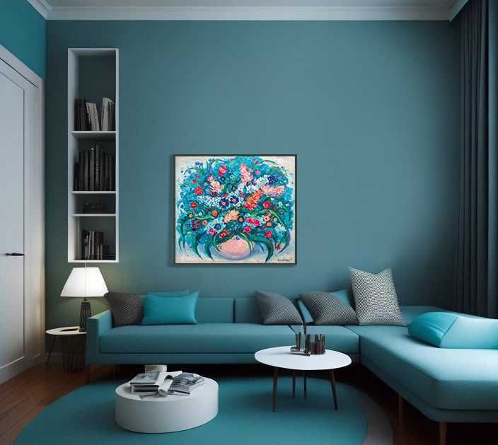 Картина. Бирюзовый букет. Холст, масло. 75х85 см.