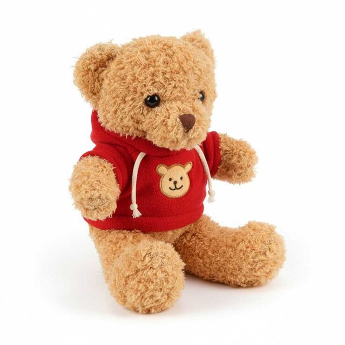 Ursulet de plus moale si pufos maro deschis cu pulover rosu 30 x 23 cm