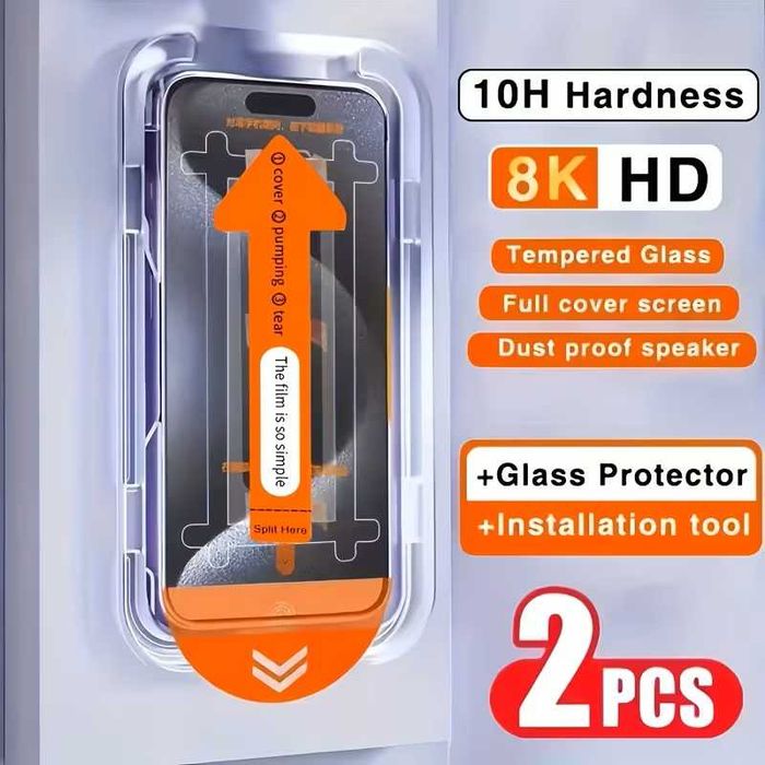 Set 2 bucati folie sticla iphone 14 pro max/15 plus cu sablon aplicare