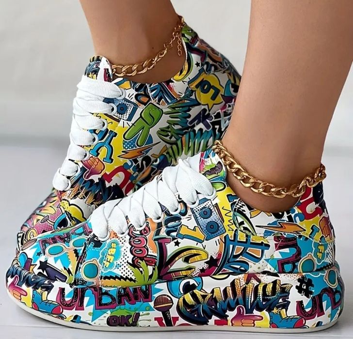 Pantofi sport de damă cu imprimeu Graffiti, pantofi sport cu șireturi