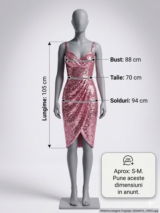Rochie mrochie  paiete roz – Mărime S-M
​Mărime: M (40)
​Dimensiuni: Bust 88 cm, Talie 72 cm, Șolduri 94 cm
​Lungime totală: 85 cm
​Stare: Nouă/Impeca