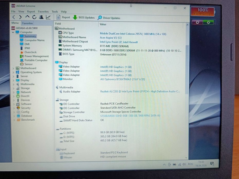 Acer Aspire V3-572, Intel 2957U, 8GB RAM, SSHD 500GB, baterie 3 ore