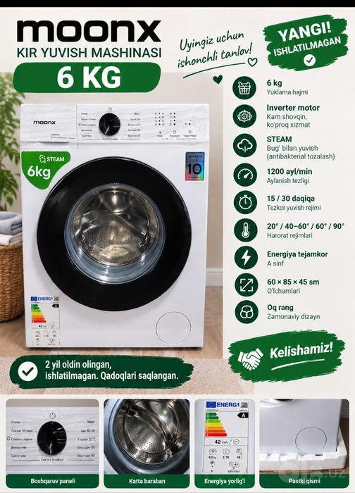MOONX 6 kg — yangi  INVERTER + STEAM