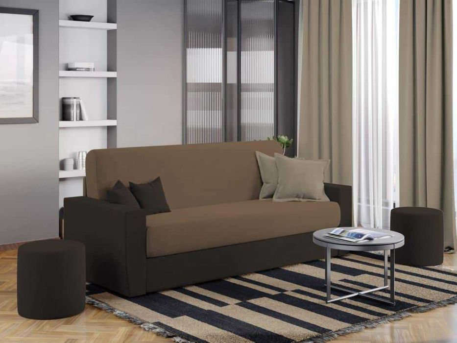 Canapea Corsica Crem/Maro+Masa Grand Stejar Auriu+4 Scaune Grand Crem