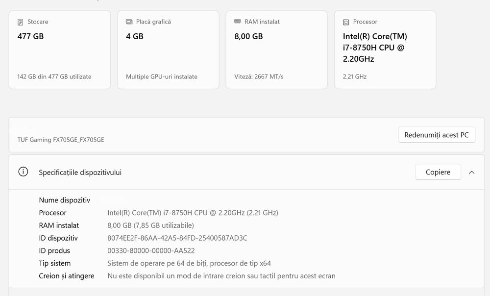 Laptop ASUS TUF Gaming FX705GE – i7 / GTX 1050 Ti / SSD – stare excelentă