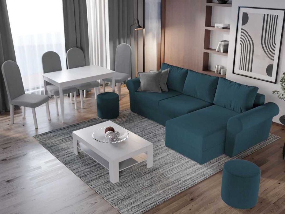 Coltar Bonito Turcoaz + Masa Grand Alba + 4 Scaune Grand Gri Deschis