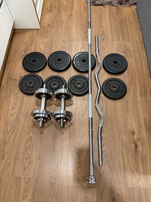 Set fitness complet: gantere reglabile, 40 kg discuri, bare (home gym)