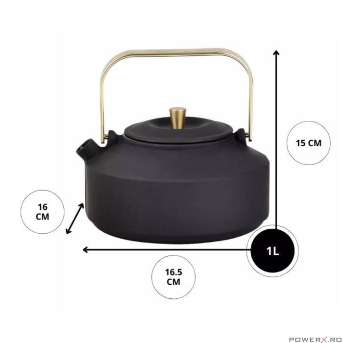 Ceainic din fonta cu strecuratoare, interior emailat, 1l, negru cu