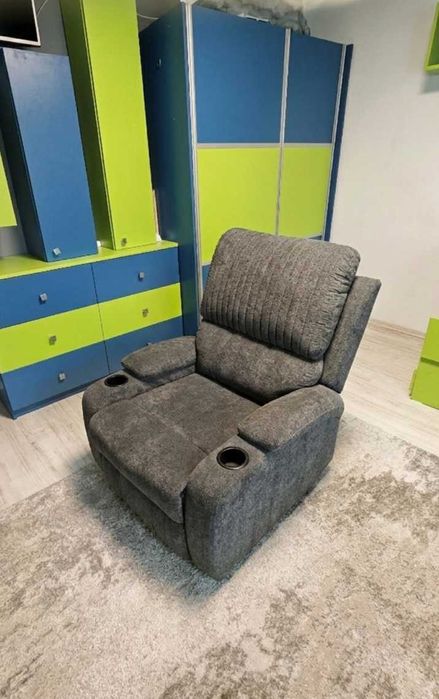 Fotoliu Recliner Premium cu Suport de Pahar – Material Textil Gri