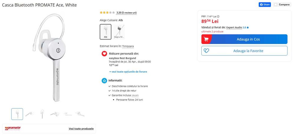 Cască Bluetooth Promate Ace - Ultra-Slim, Handsfree