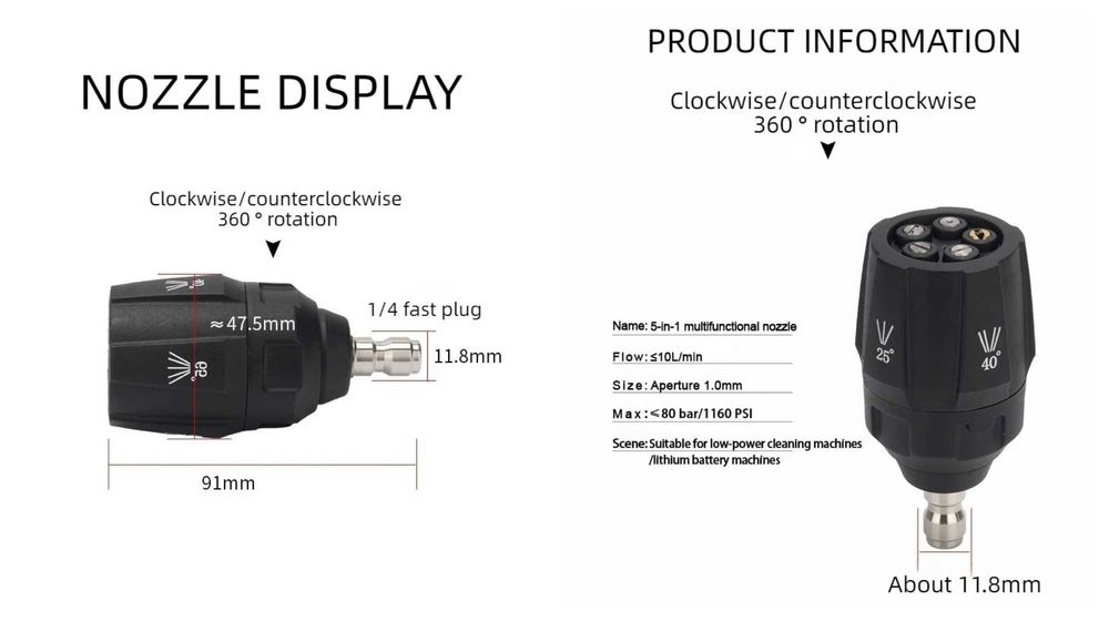5-в-1 регулируема дюза за водоструйка с бърза връзка 1/4 Quick Connect