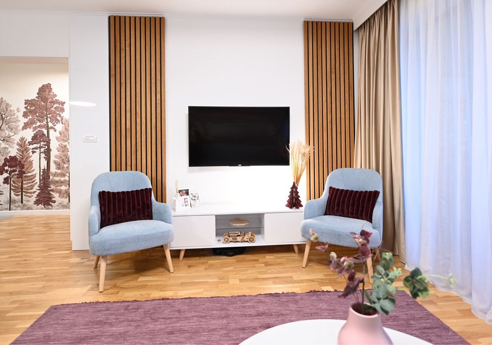 Canapea albastra fixa cu 2 fotolii