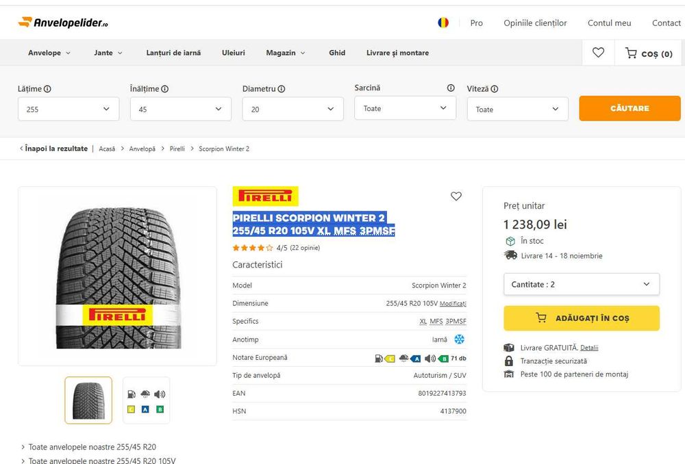 Anvelope iarna set Pirelli Scorpion Winter 2 255/45 R20 105V XL