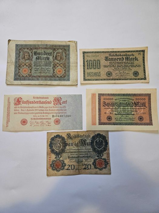 Лот от 5 автентични германски банкноти (Райхсмарки) – Епоха на Хиперинфлацията (1908-1923)