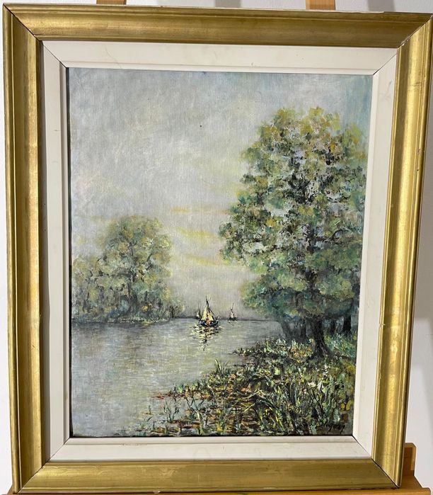 Tablou Original, Peisaj Fluvial cu Vele, Semnat, Ulei pe Pânză