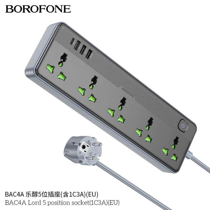 Borofone BAC4A Lord Сетевой фильтр 5 розетками и USB-портами EU/GER