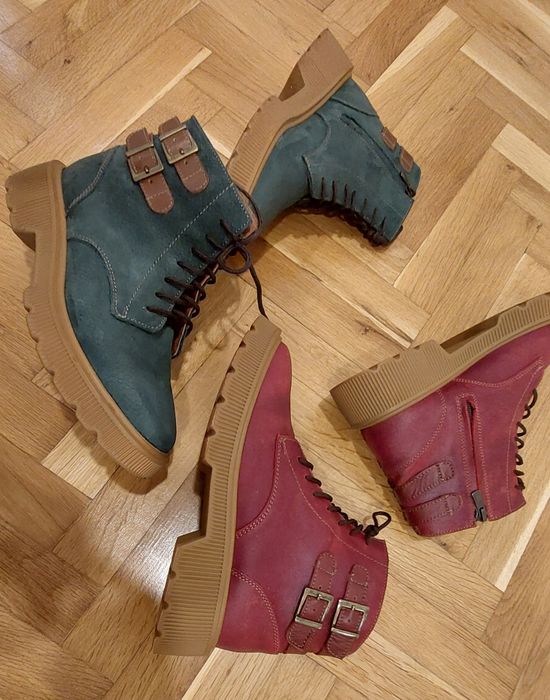 Боти естествена кожа  бордо и маслено зелено