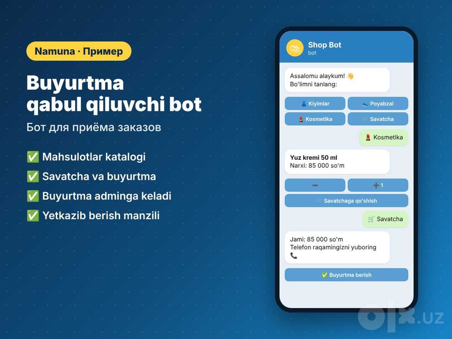 Создание Telegram ботов под ключ | Telegram bot yaratish