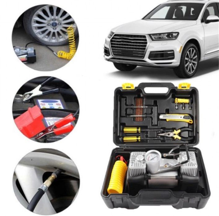 Двуцилиндров компресор за гуми в куфар с инструменти Пътна помощ