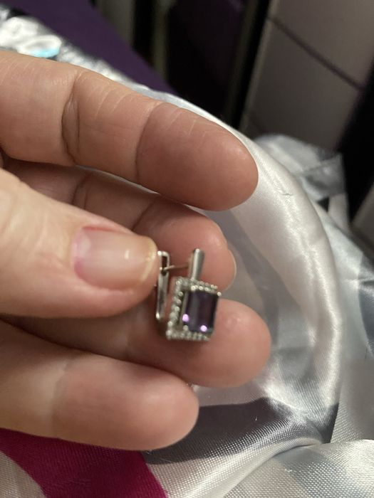 Cercei argint cu ametist, placat cu rodiu