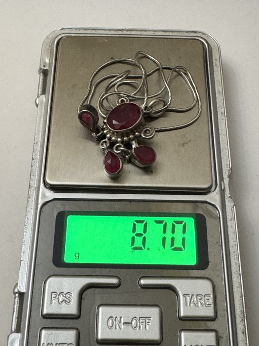 Colier argint si rubine naturale. Vechi. Lant si pandativ. 925