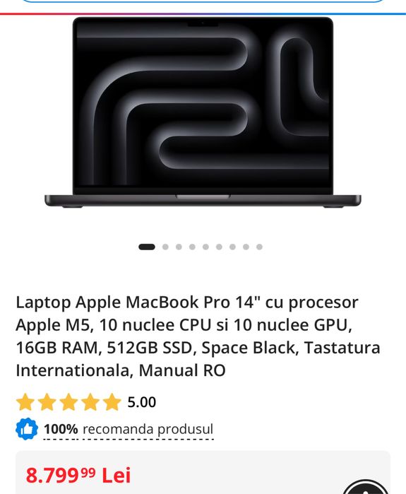 Macbook pro 14, M5, 512gb, sigilat, garantie 12 luni