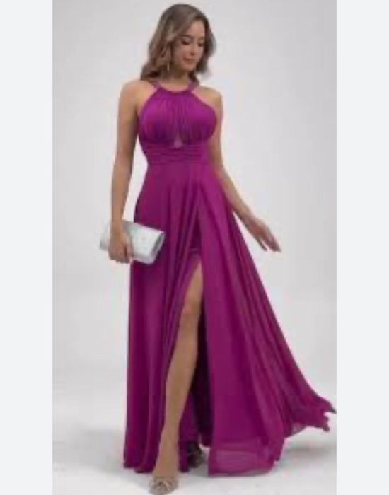 Дълга официална бална рокля с цепка в лилав цвят