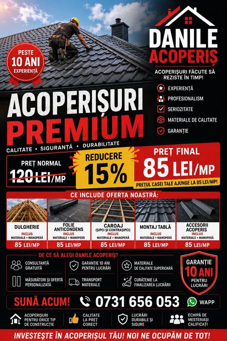 Montaj Acoperisuri – Reparatii acoperisuri – Mansardare – Dulgherie: 

Va punem la dispozitie servicii de montaj acoperisuri, reparatii
