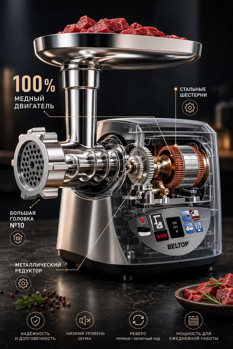 Мясорубка BELTOP Premium, 1800Вт, 100% медная, металлический редуктор