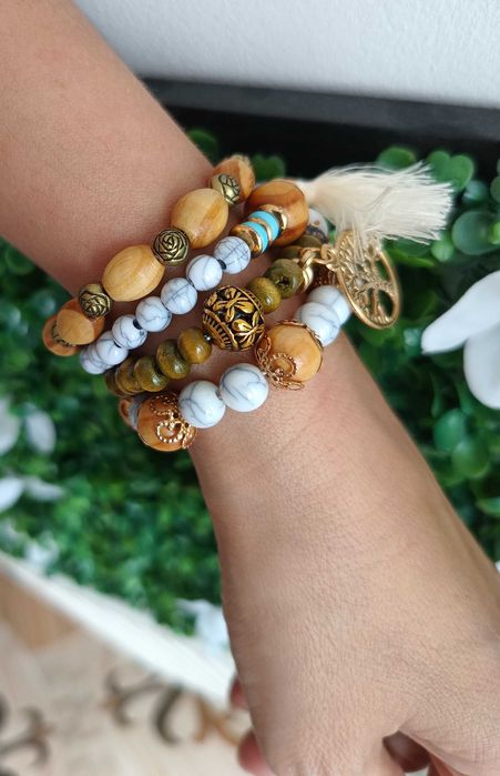 Гривна за ръка - дървесно, бяло, синьо