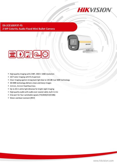 6в1 Камера с ColorVu Технология и бяло LED Нощно Осветление HIKVISION HD-TVI HD-AHD HD-CVI CVBS Със собствен джойстик бутон превключвател на режимите!