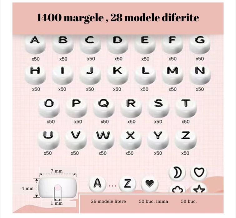 Margele rotunde cu litere negre din material acrilic, 1400 buc, alfabe