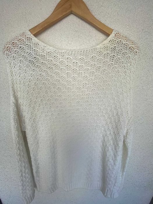 Pulover crosetat cu gauri, alb, marime S/M