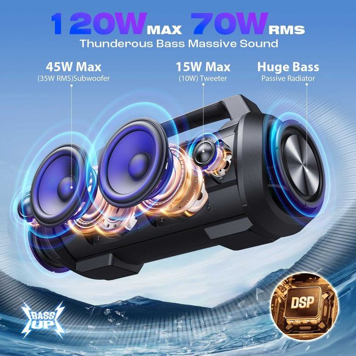 Bluetooth Колонка W-KING, 70 W RMS (120 W Peak), Super Bass, LED Осветление