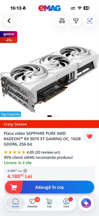 SAPPHIRE PURE AMD Radeon RX 9070 XT Gaming OC 16GB – Nouă, sigilată